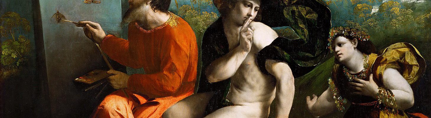 Dosso Dossi, Giove pittore di farfalle, Mercurio e la Virtù